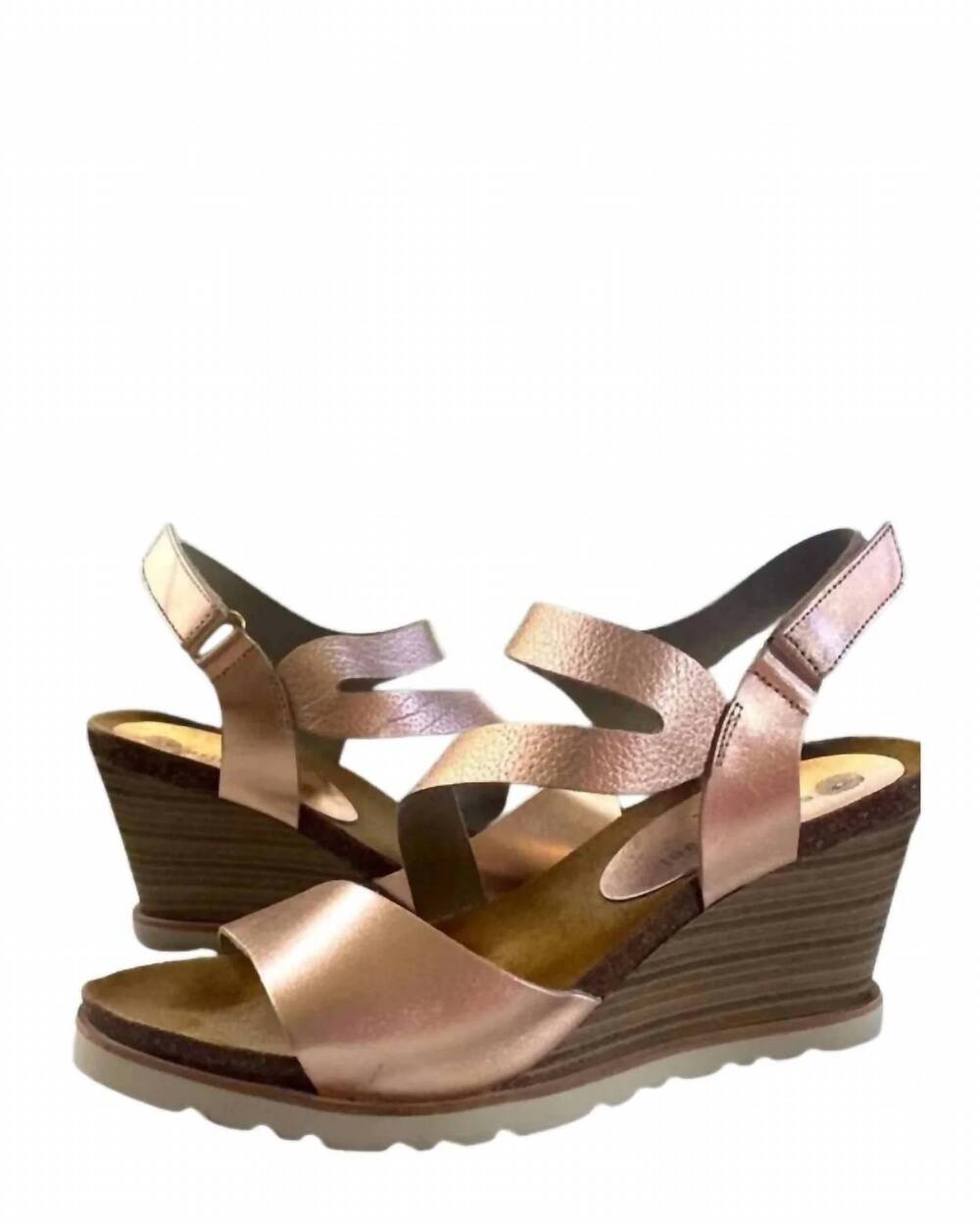 NEW ERIC MICHAEL women's delaney wedge sandals in rose gold leather